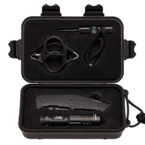 Browning 3220288 Outdoorsman Survival Kit 3.50" Folding Drop Point Plain Black Stonewashed 8Cr13MoV SS Blade/Black G10 Handle Includes Storage Case/Flashlight/Wire Saw/Fire Flint/Compass/Whistle