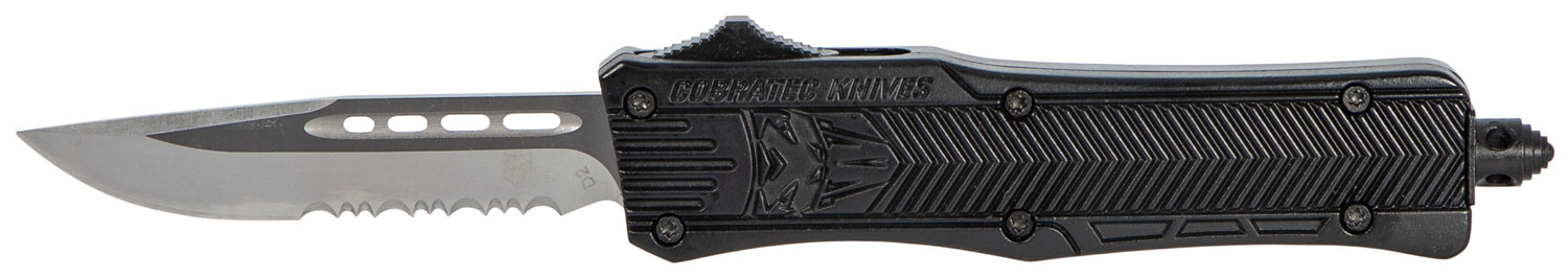 CobraTec Knives SBCTK1SDS CTK-1 Small 2.75" OTF Drop Point Part Serrated D2 Steel Blade/ Black Aluminum Handle Features Glass Breaker Includes Pocket Clip