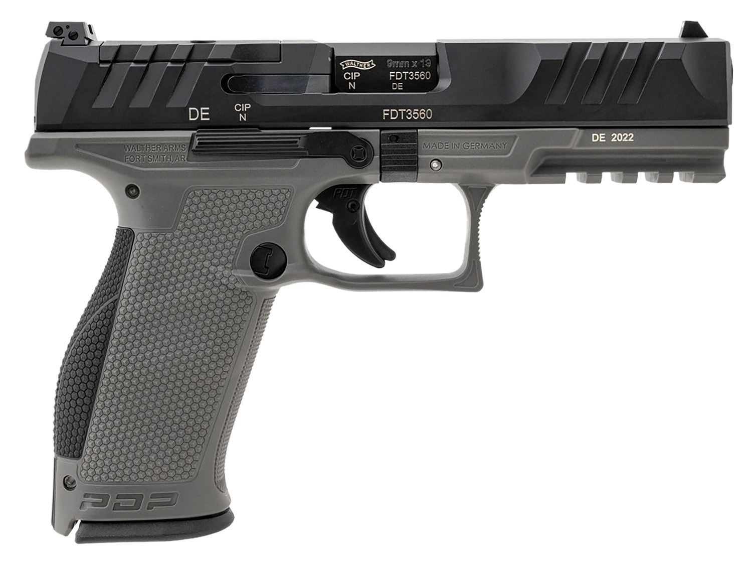 Walther Arms 2858371 PDP 9mm Luger 18+1 4.50" Black Polygonal Rifled Barrel, Black Optic Ready/Serrated Slide, Gray Polymer Frame w/Picatinny Rail, Black Performance Duty Texture Grips, Ambidextrous