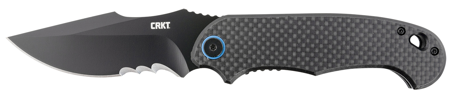 CRKT 7920K P.S.D. 3.63" Folding Recurve Veff Serrated Black EDP 4116 Stainless Steel Blade/ Black w/Blue Backspacer G10/Carbon Fiber Handle Includes Pocket Clip