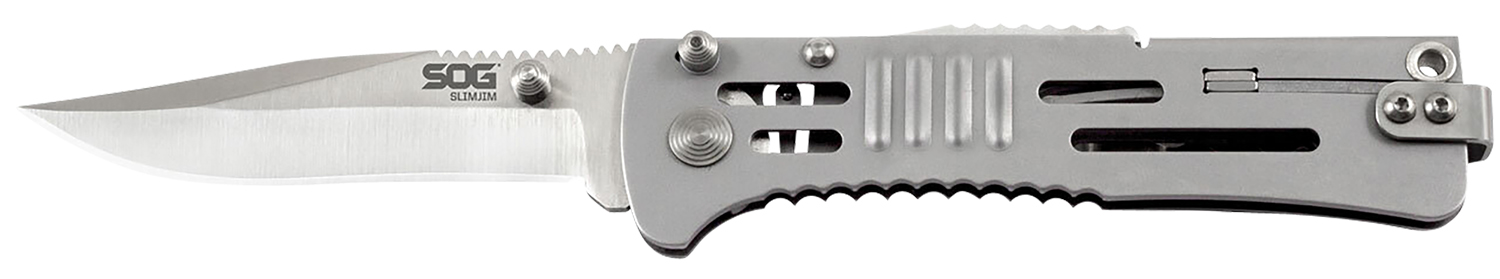 S.O.G SOG-SJ31-CP SlimJim 3.18" Folding Clip Point Plain Satin AUS-8A SS Blade Bead Blasted 420 Stainless Steel Handle Includes Belt Clip