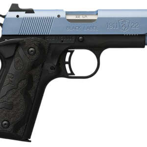 Browning 051898490 1911 Black Label Compact Frame 22 LR 10+1, 3.63" Matte Stainless Steel Barrel, Polar Blue Cerakote Serrated Slide, Matte Black Polymer Frame w/Beavertail, Black Laminate Wood Grip