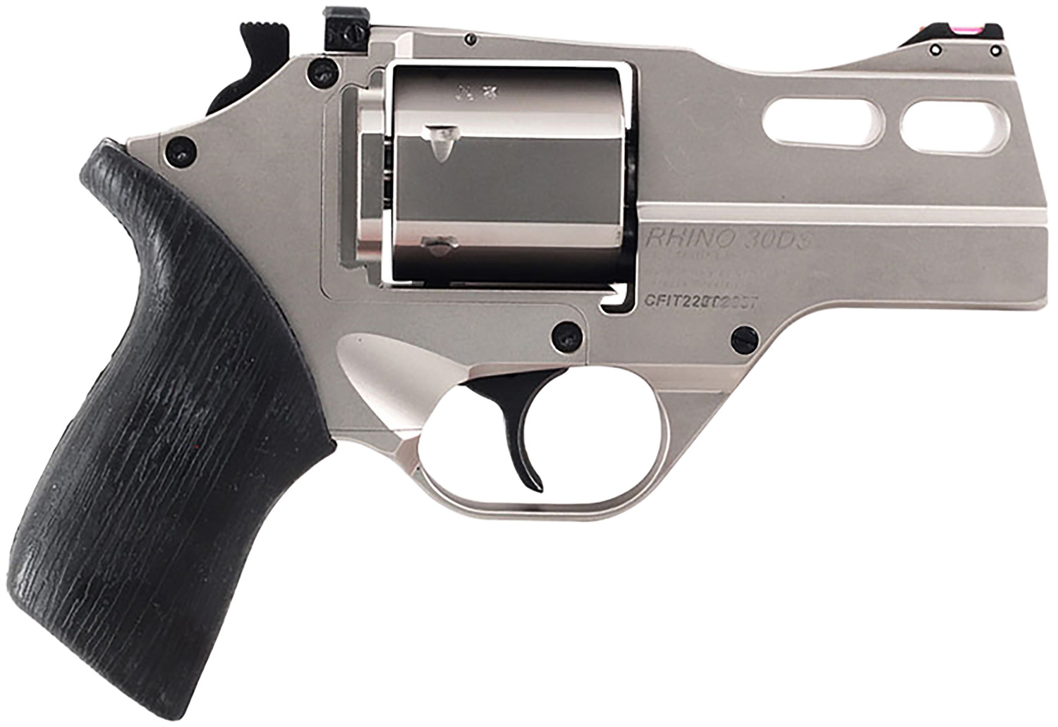 Chiappa Firearms 340290 Rhino 30DS Small Frame 357 Mag 6 Shot, 3" Nickel-Plated Steel Vent Rib Barrel & Cylinder, Nickel-Plated Aluminum Frame, Black Rubber Grip, Concealed Hammer